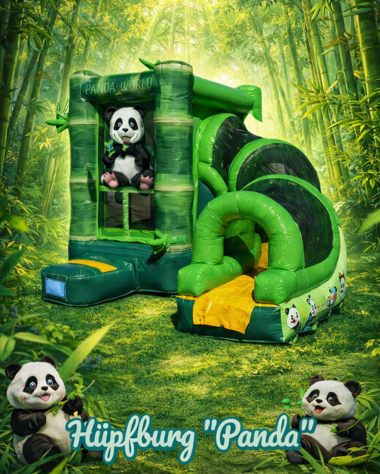 Grünes Hüpfburg "Panda" mit Rutsche und Panda-Figur im Fenster.