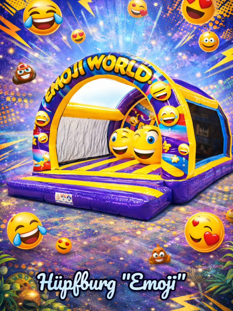 Bunte Hüpfburg mit Emoji-Motiven für Kinder.