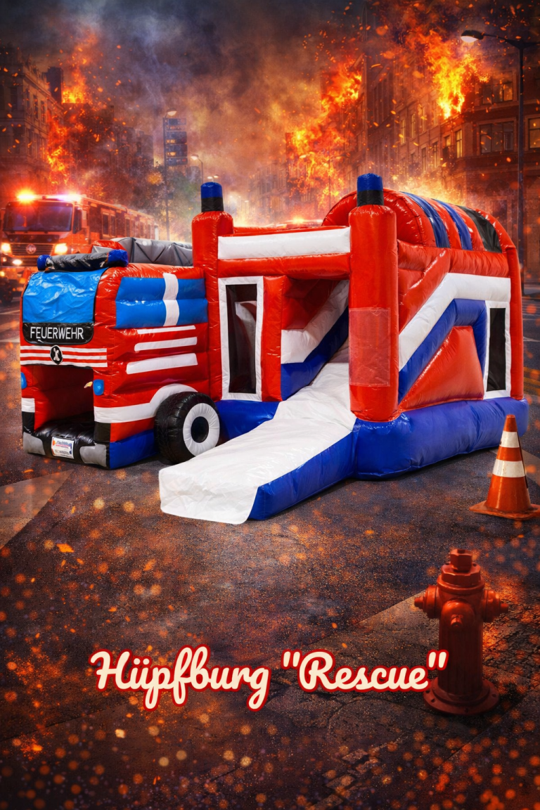 Bunte Hüpfburg mit Rutsche in Rot, Blau und Weiß, gestaltet als Feuerwehrfahrzeug.