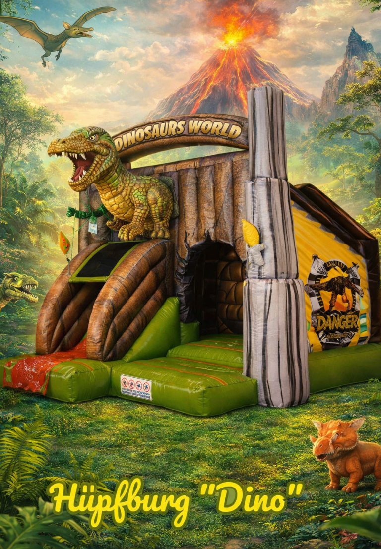 Buntes Hüpfburg-Design mit Dinosaurier-Thema auf grünem Hintergrund.