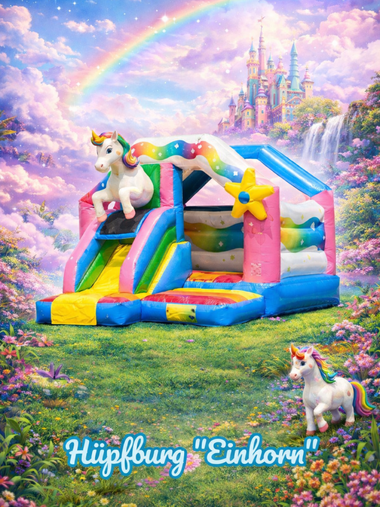 Bunte Hüpfburg mit Einhornmotiv, Rutsche und verschiedenen Spielbereichen.